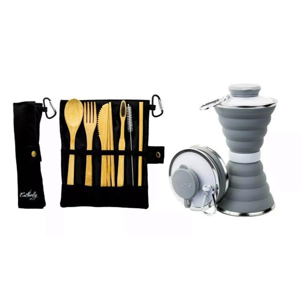 Collapsible Water Bottle + Bamboo Utensils Set